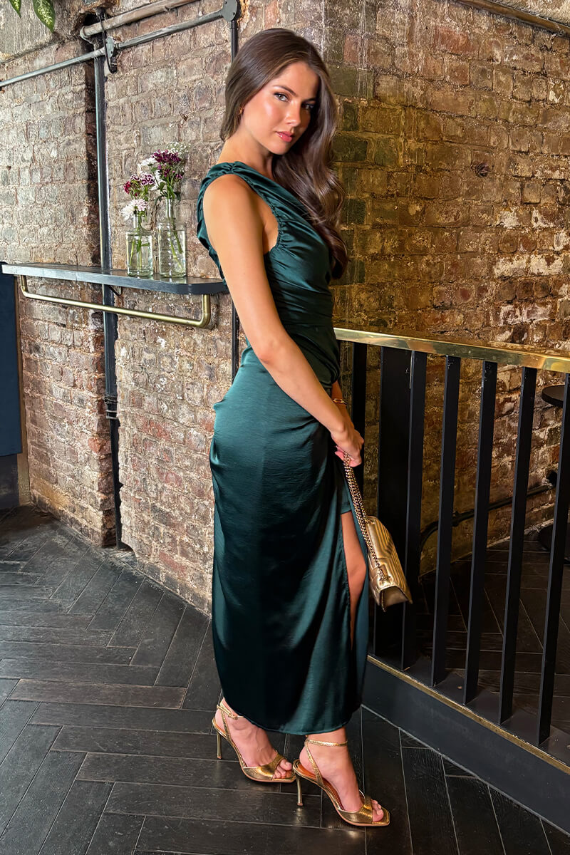 Teal One Shoulder Knot Skirt Satin Midi Dress