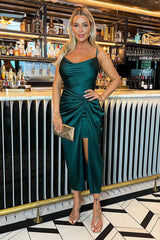 Teal Satin Cowl Neck Knot Skirt Midi Dress