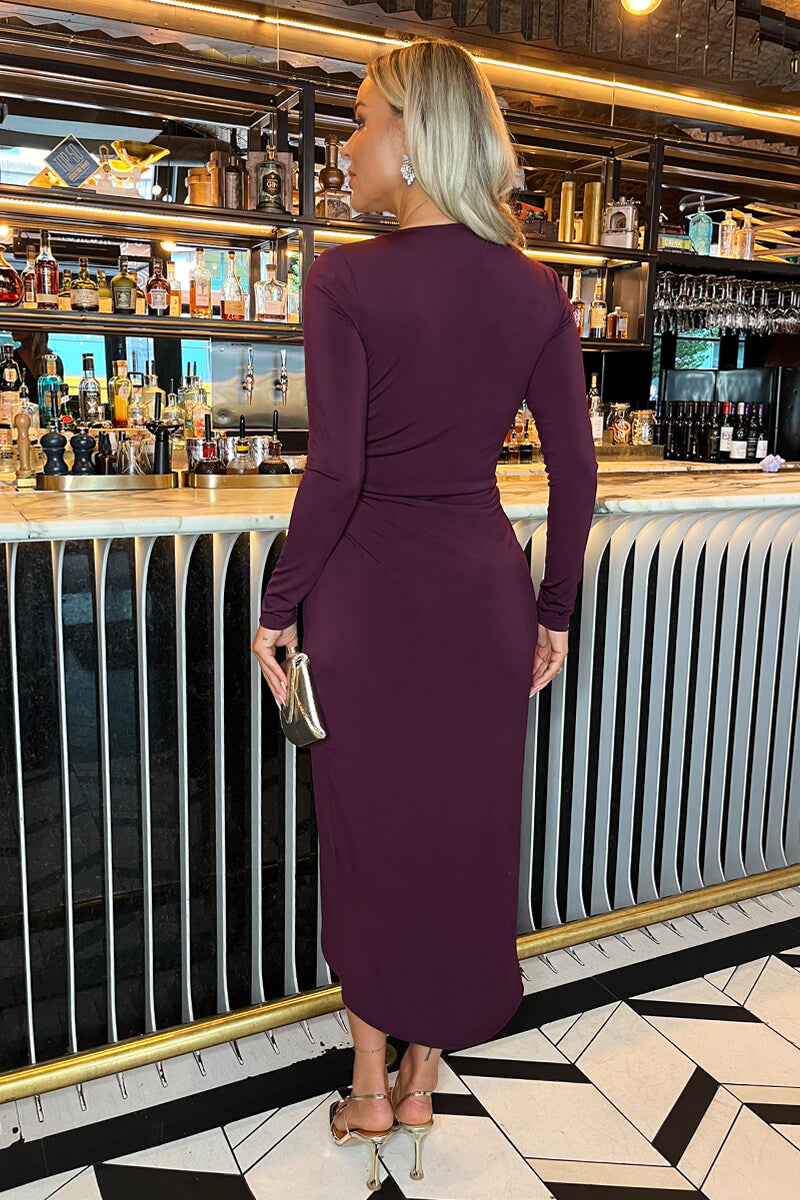 Dark Plum Long Sleeve Ring Detail Wrap Midi Dress