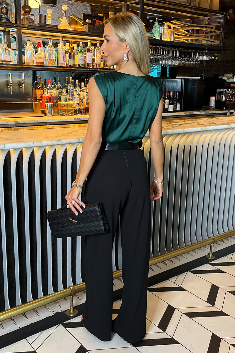Teal 2 in 1 Draped Neck Belted Wide Leg Jumpsuit