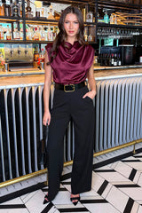 Dark Plum 2 in 1 Draped Neck Belted Wide Leg Jumpsuit