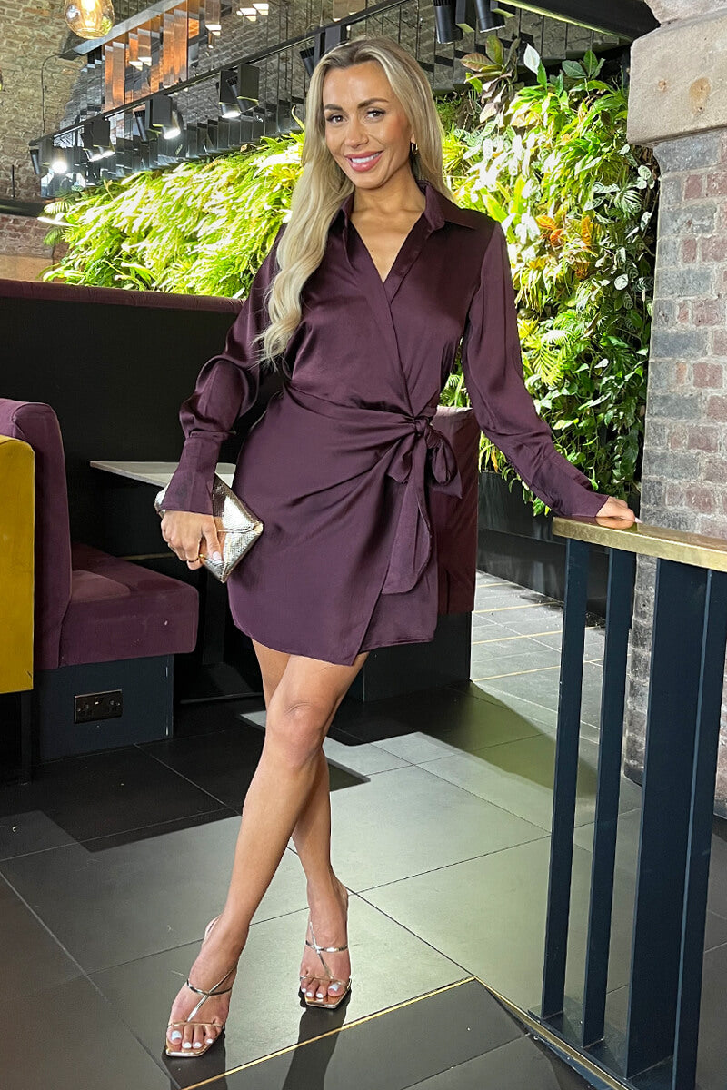 Plum Satin Tie Waist Wrap Shirt Mini Dress