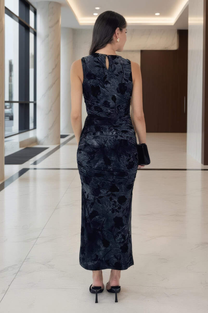 Black And Grey Velour Rose Detail Bodycon Midi Dress