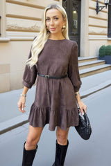 Chocolate Faux Suede 3/4 Sleeve Frill Hem Belted Mini Dress