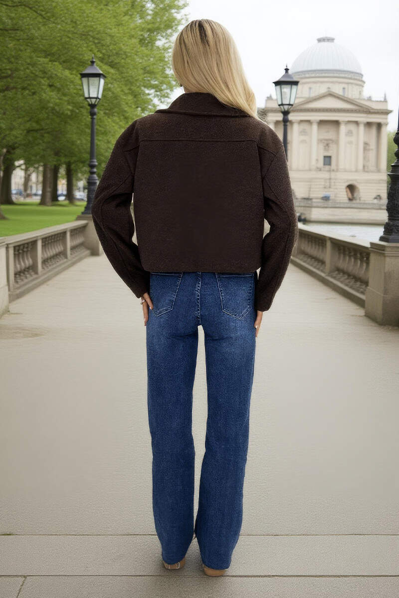 Chocolate Marl Zip Up Pocket Detail Boxy Jacket