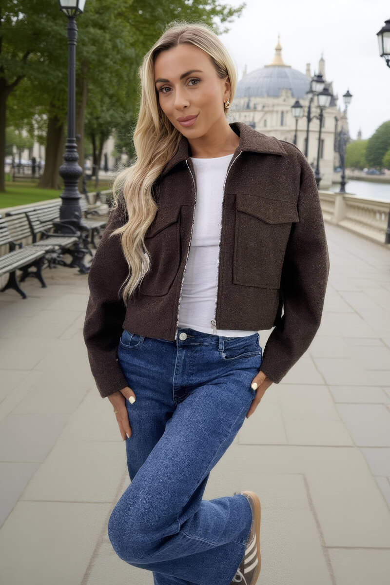 Chocolate Marl Zip Up Pocket Detail Boxy Jacket