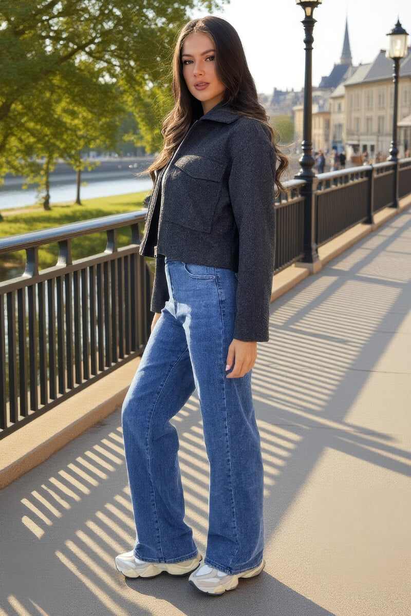 Dark Grey Marl Zip Up Pocket Detail Boxy Jacket