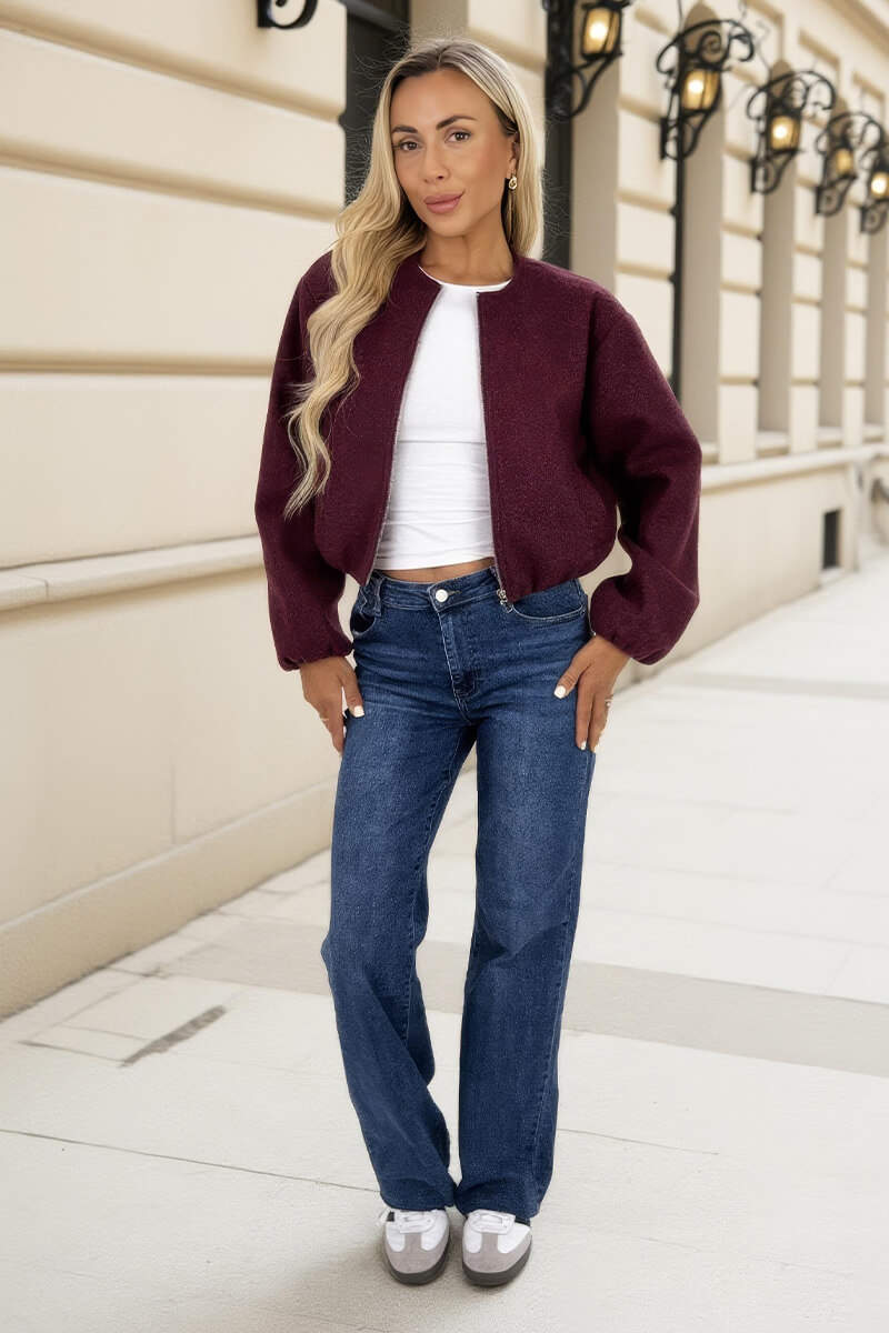 Burgundy Marl Bubble Hem Zip Up Bomber Jacket