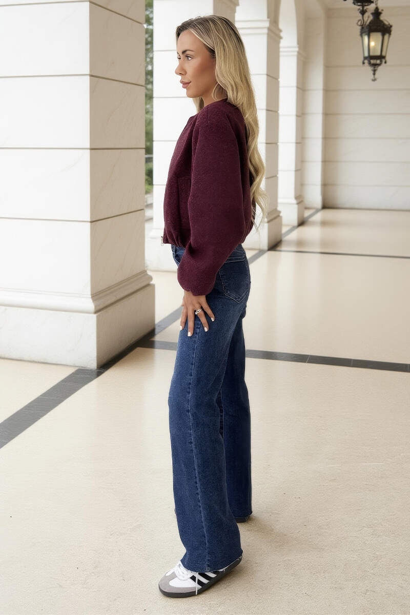 Burgundy Marl Bubble Hem Zip Up Bomber Jacket