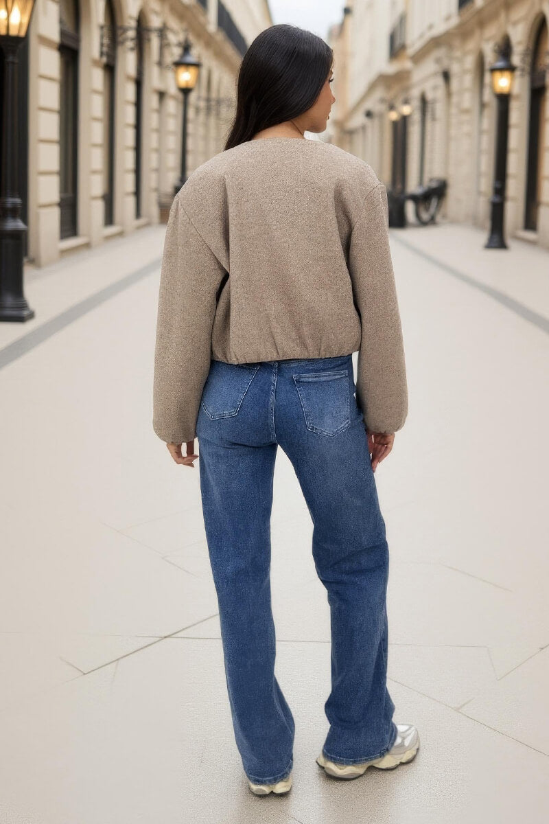 Mocha Marl Bubble Hem Zip Up Bomber Jacket