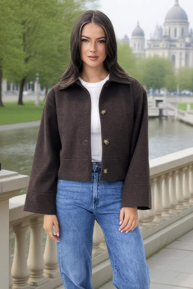 Chocolate Marl Button Front Collared Jacket