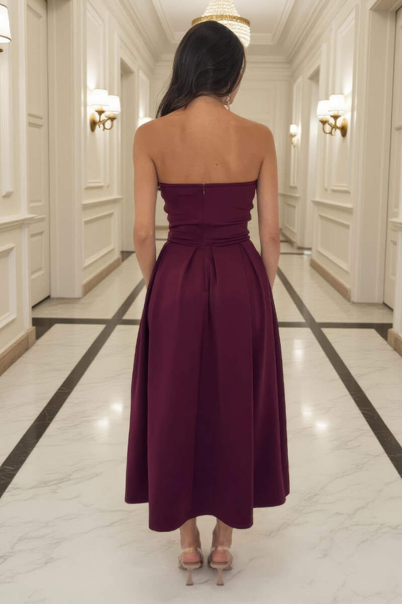 Plum Bandeau A-Line Skirt Midi Dress