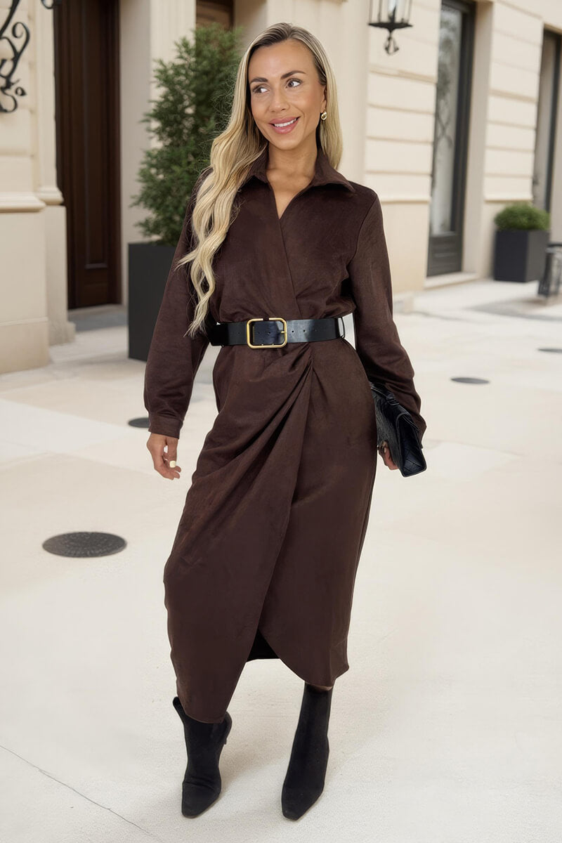 Chocolate Faux Suede Belted Wrap Shirt Midi Dress