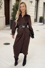Chocolate Faux Suede Belted Wrap Shirt Midi Dress