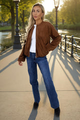 Tan Faux Suede Bubble Hem Bomber Jacket