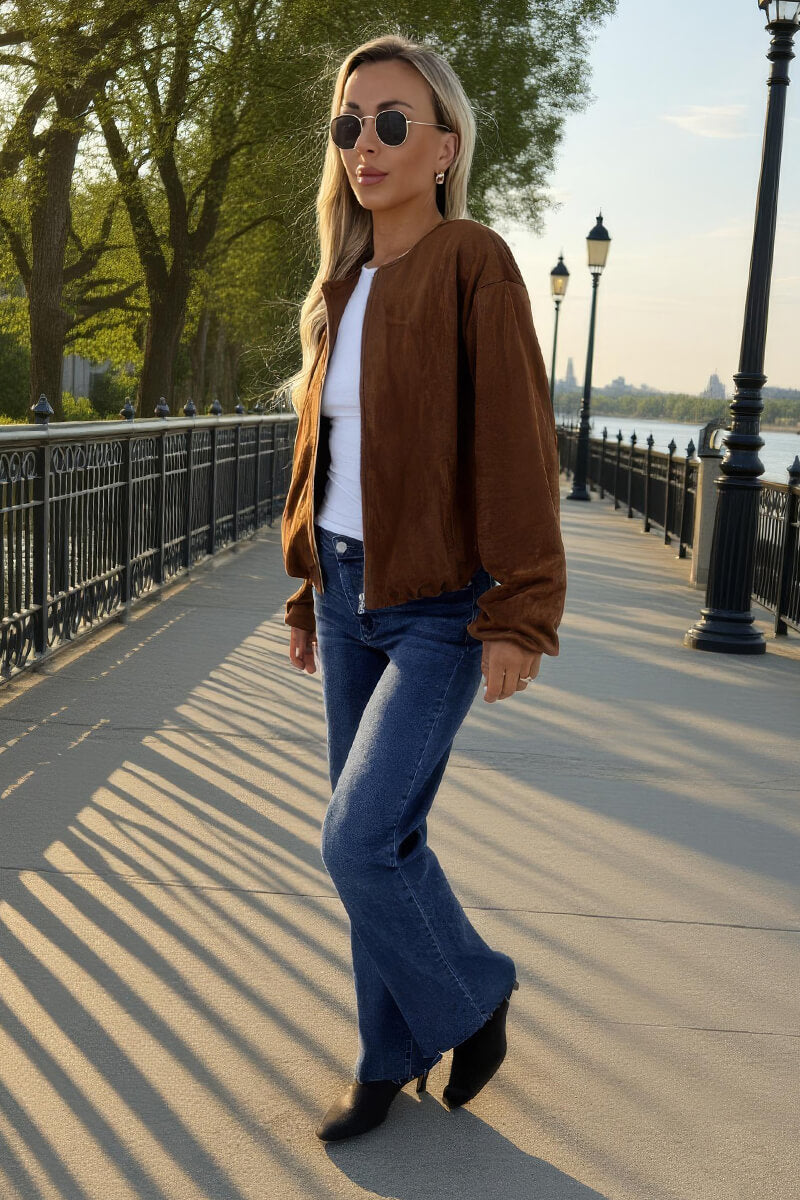 Tan Faux Suede Bubble Hem Bomber Jacket