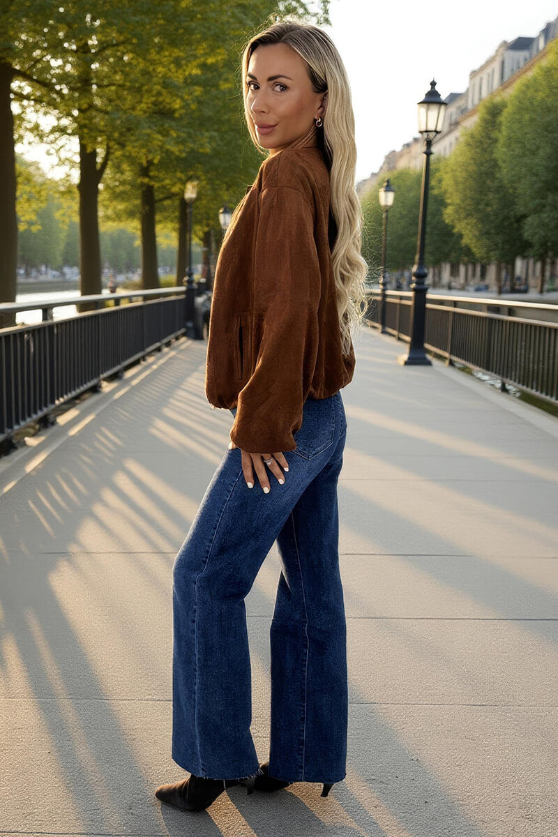 Tan Faux Suede Bubble Hem Bomber Jacket