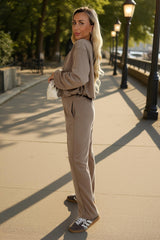 Mocha Bubble Hem Cropped Soft Bomber Jacket