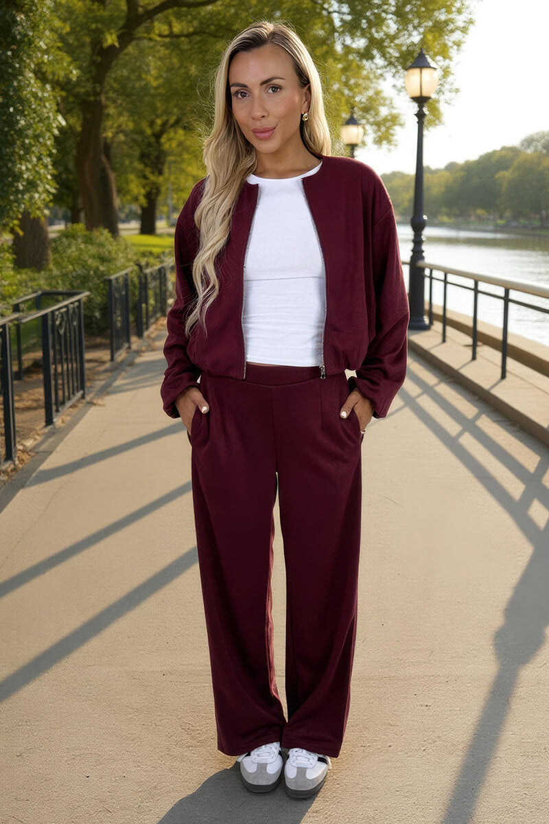 Burgundy Bubble Hem Cropped Soft Bomber Jacket