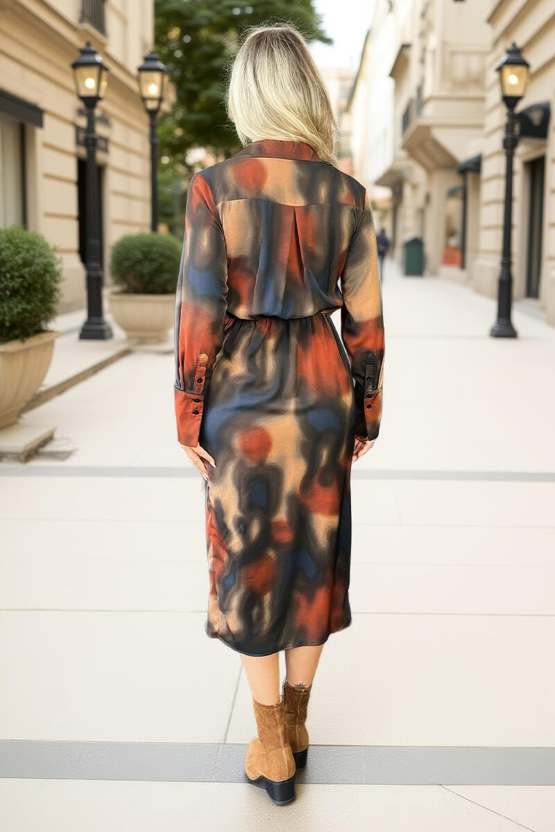 Multi Smudge Print Tie Waist Wrap Shirt Midi Dress
