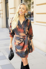 Multi Smudge Print Tie Waist Wrap Shirt Mini Dress