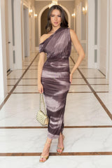 Chocolate Smudge Print Off The Shoulder Mesh Midi Dress