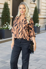 Multi Tiger Print V-Neck 3/4 Sleeve Top
