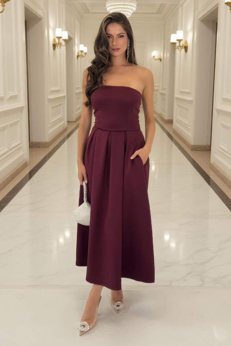 Plum Bandeau A-Line Skirt Midi Dress