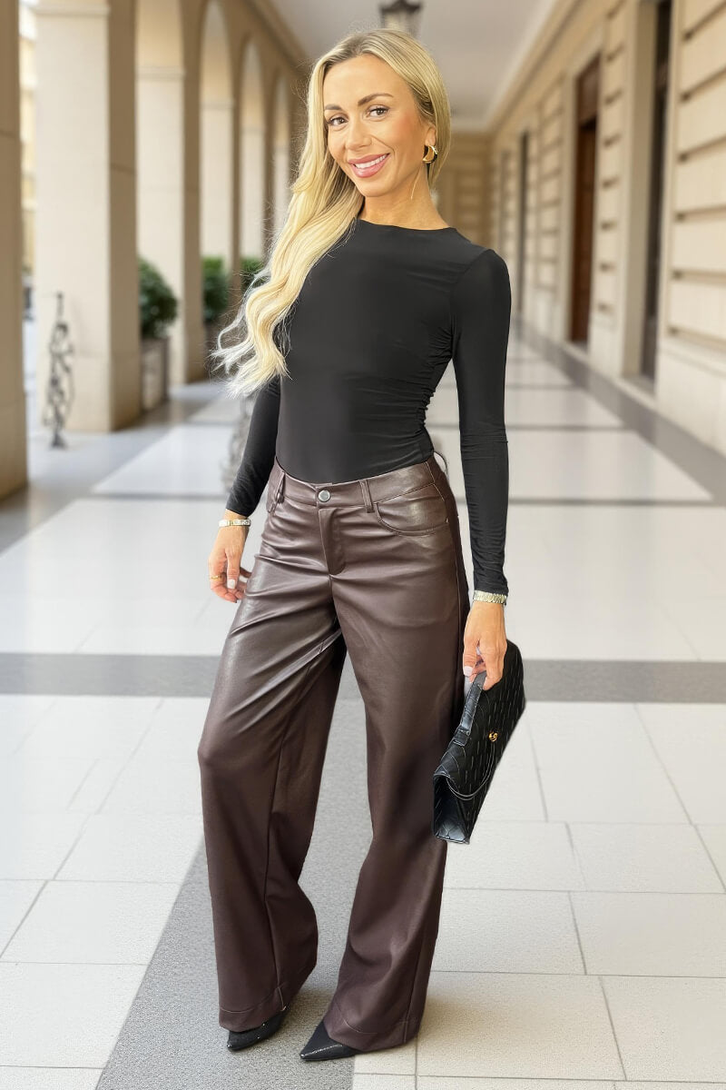 Chocolate Faux Leather Wide Leg Trousers