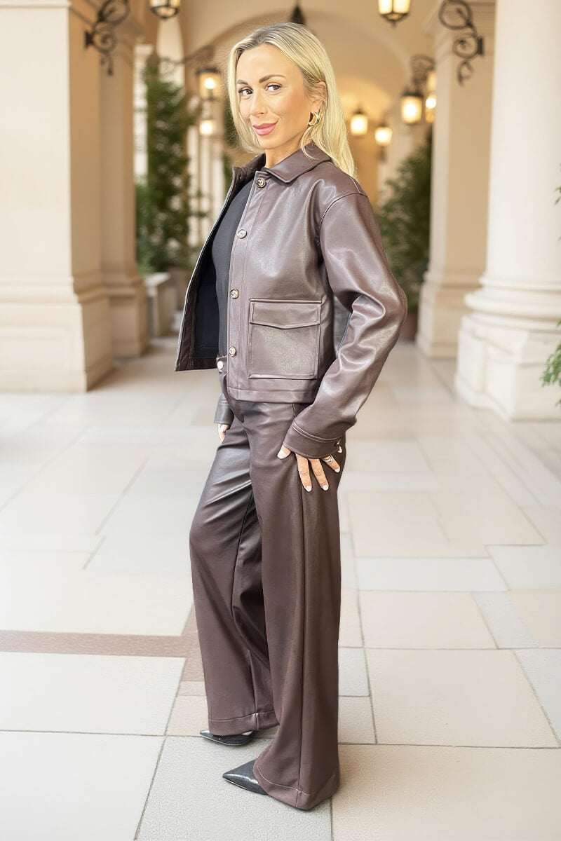 Chocolate Faux Leather Wide Leg Trousers