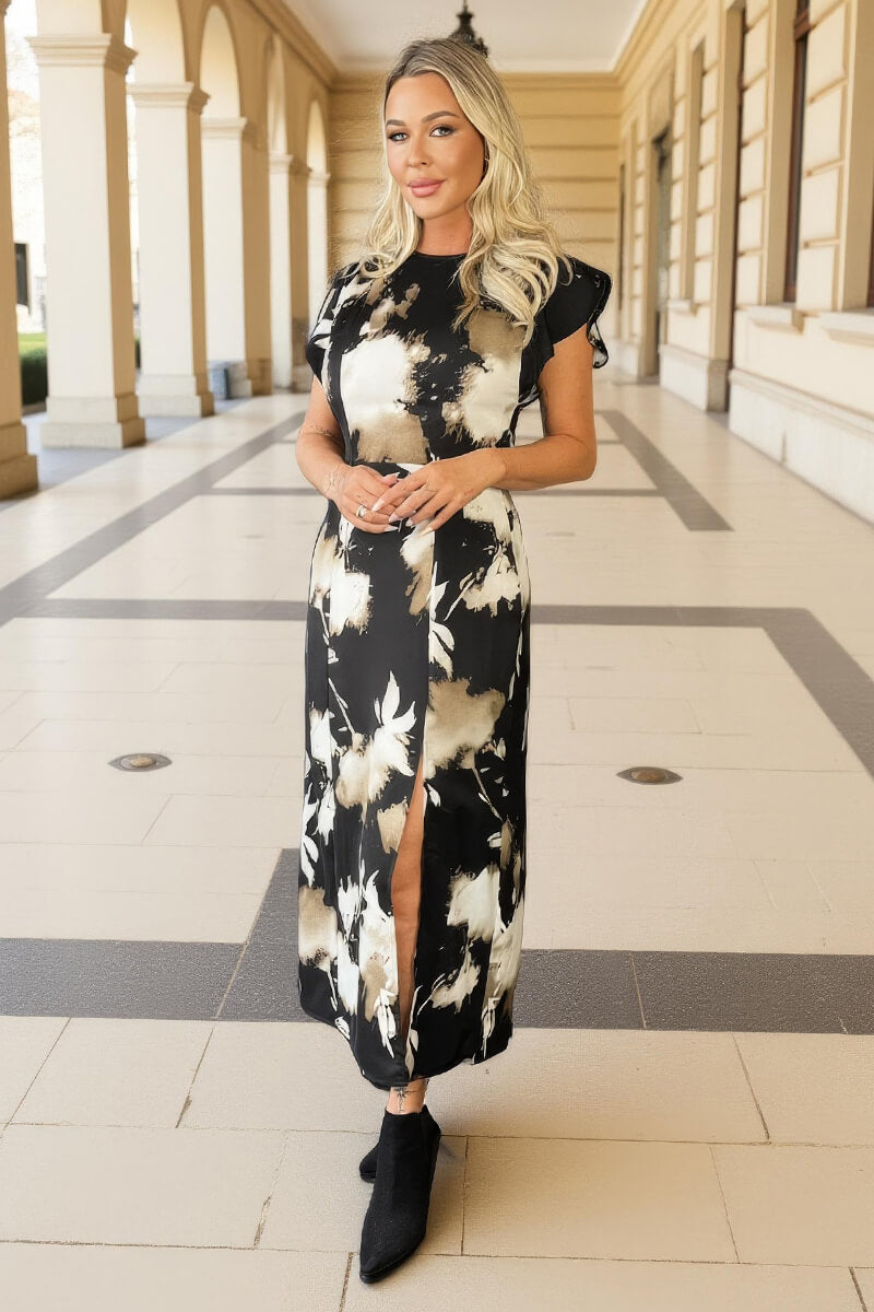 Black Abstract Print Flutter Sleeve Midi Dress