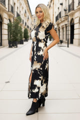 Black Abstract Print Flutter Sleeve Midi Dress