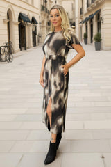 Brown Watercolour Print Flutter Sleeve Midi Dress