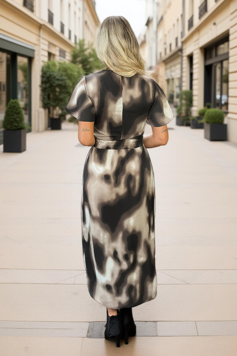 Brown Watercolour Print Flutter Sleeve Midi Dress