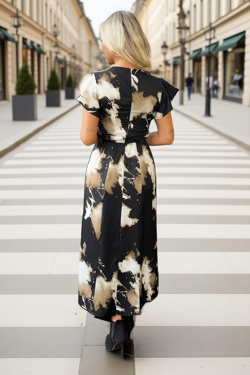 Black Abstract Print Flutter Sleeve Midi Dress