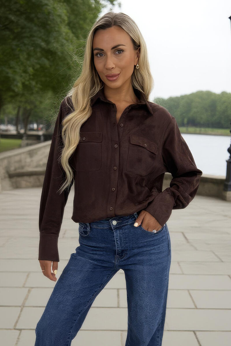 Chocolate Faux Suede Long Sleeve Utility Shirt