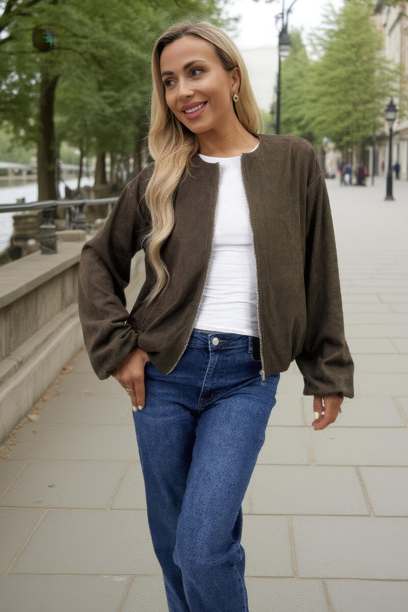 Khaki Faux Suede Bubble Hem Bomber Jacket