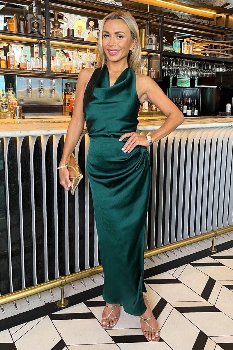 Teal Satin Cowl Neck Cross Back Midi Dress