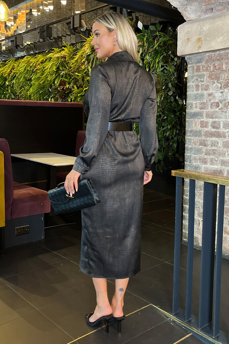 Brown Croc Pattern Wrap Shirt Belted Midi Dress