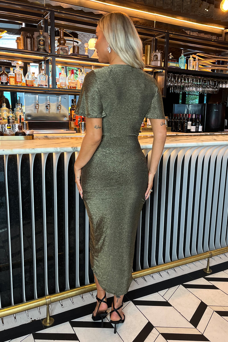 Gold Sparkle Ring Detail Wrap Midi Dress