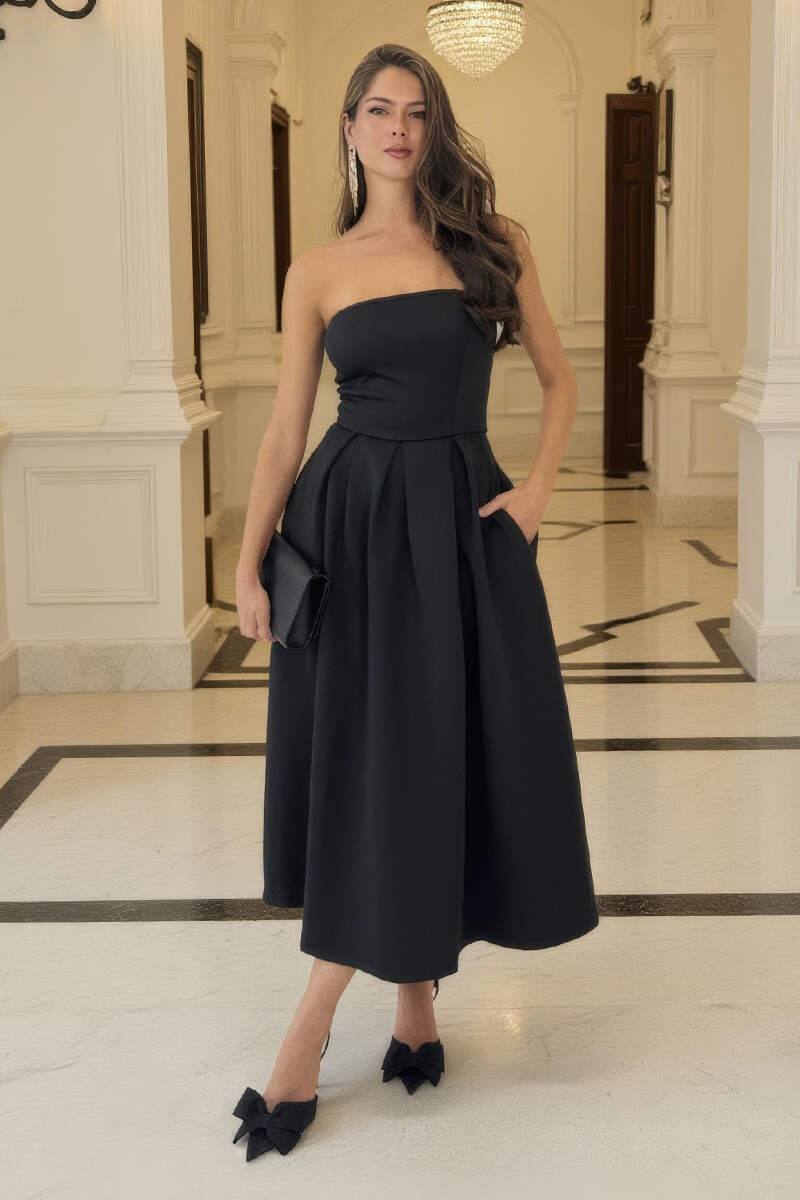 Black Bandeau A-Line Skirt Midi Dress