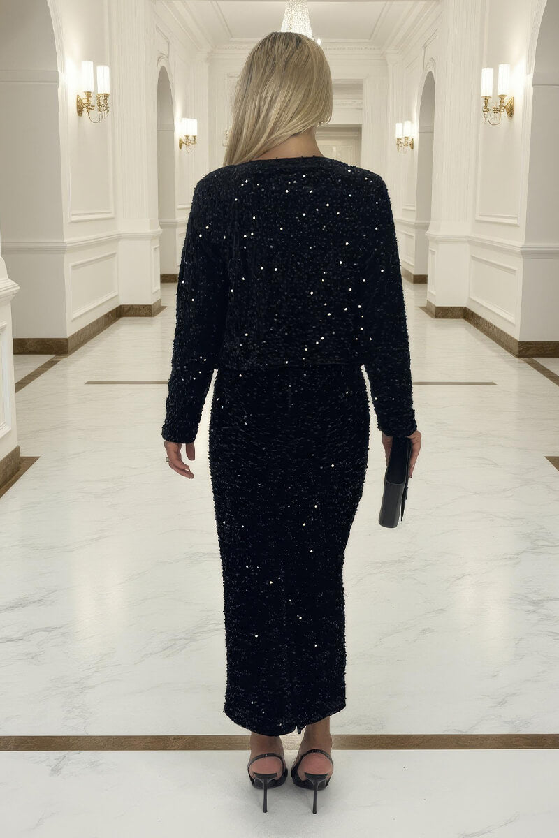 Black Velvet Sequin Open Front Jacket