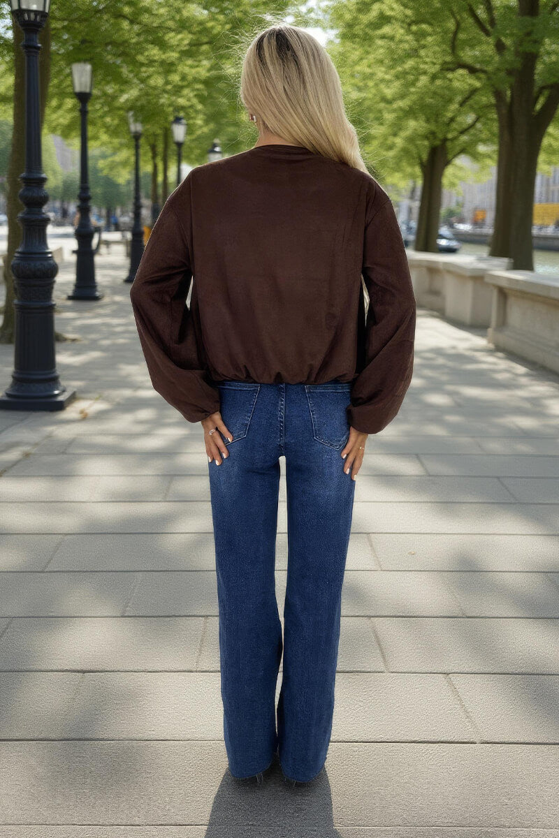 Chocolate Faux Suede Bubble Hem Bomber Jacket