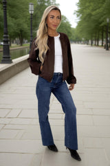 Chocolate Faux Suede Bubble Hem Bomber Jacket