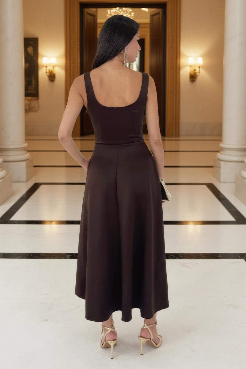 Chocolate Square Neck A-line Midi Dress