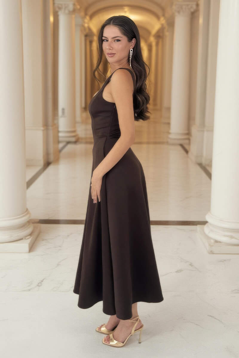 Chocolate Square Neck A-line Midi Dress