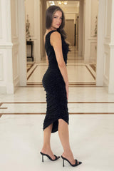 Black Diamante Sparkle One Shoulder Ruched Midi Dress