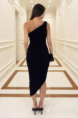 Black Diamante Sparkle One Shoulder Ruched Midi Dress