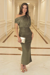 Gold Sparkle Off The Shoulder Draped Top Midi Dress