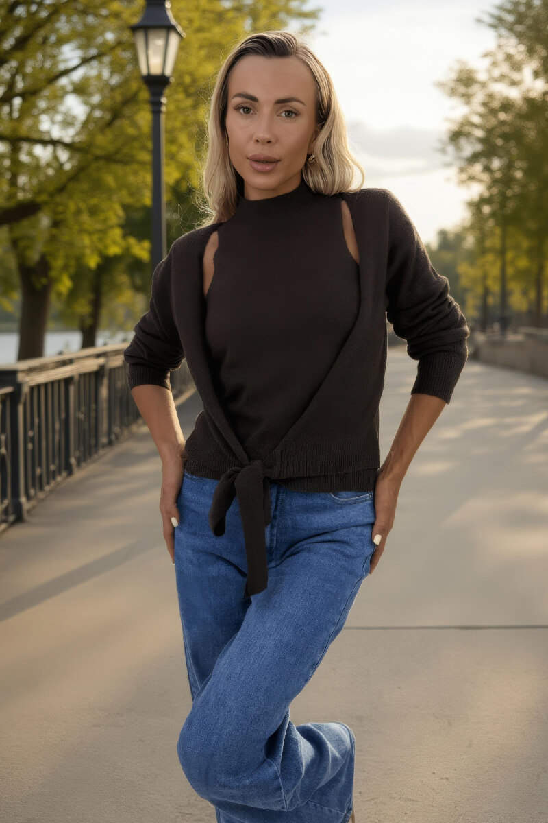 Chocolate 2 in 1 Tie Front Jumper Cardigan